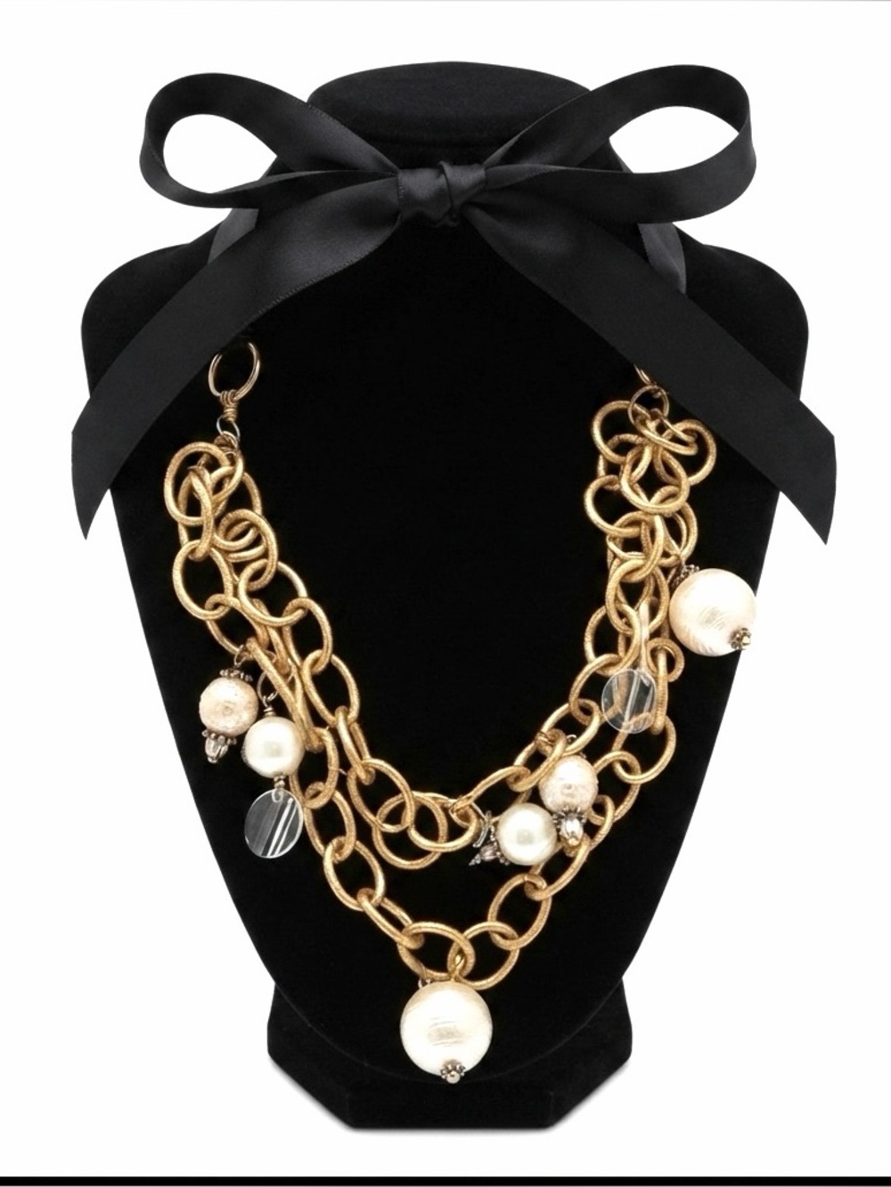 Vintage ANNE KLEIN Gold Plated Pearl Crystal Charm 2 Chain Tie Choker Necklace - Picture 14 of 14